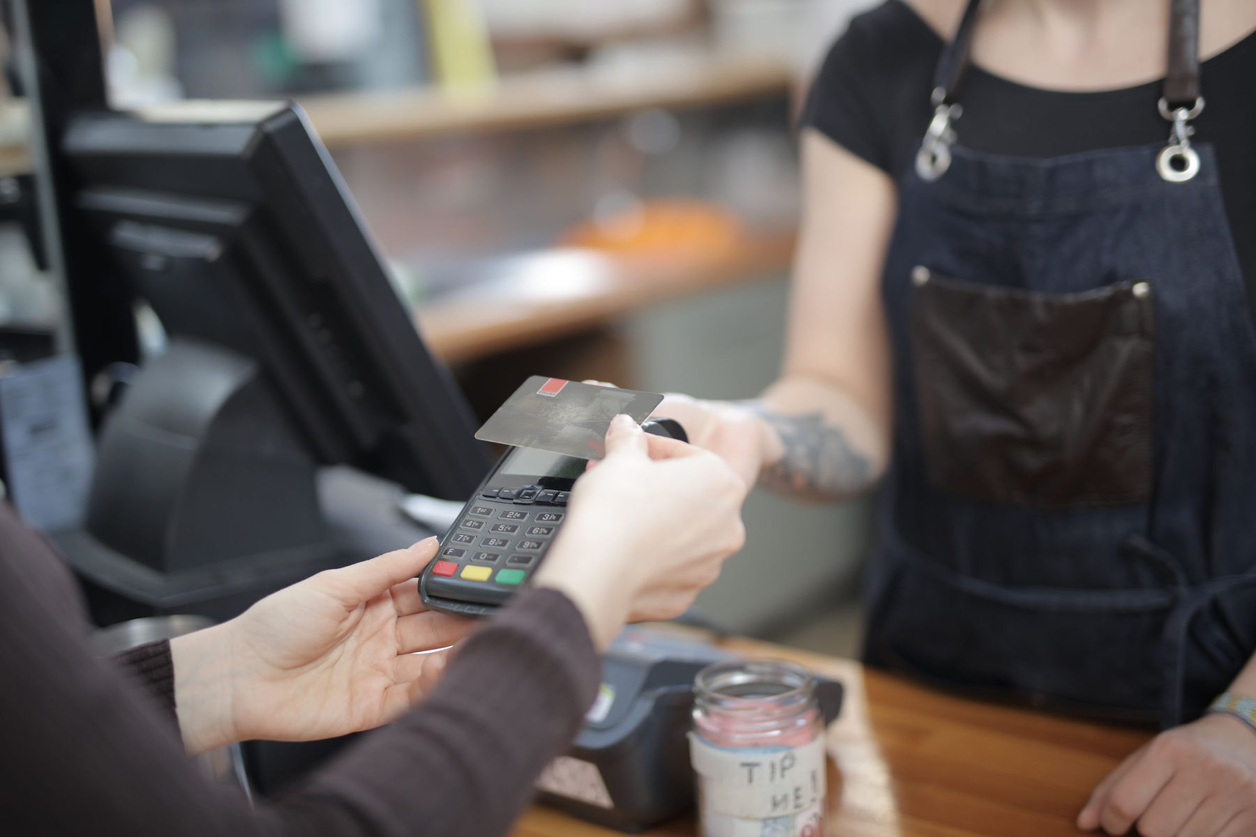 A card terminal on a busy counter mid-transaction